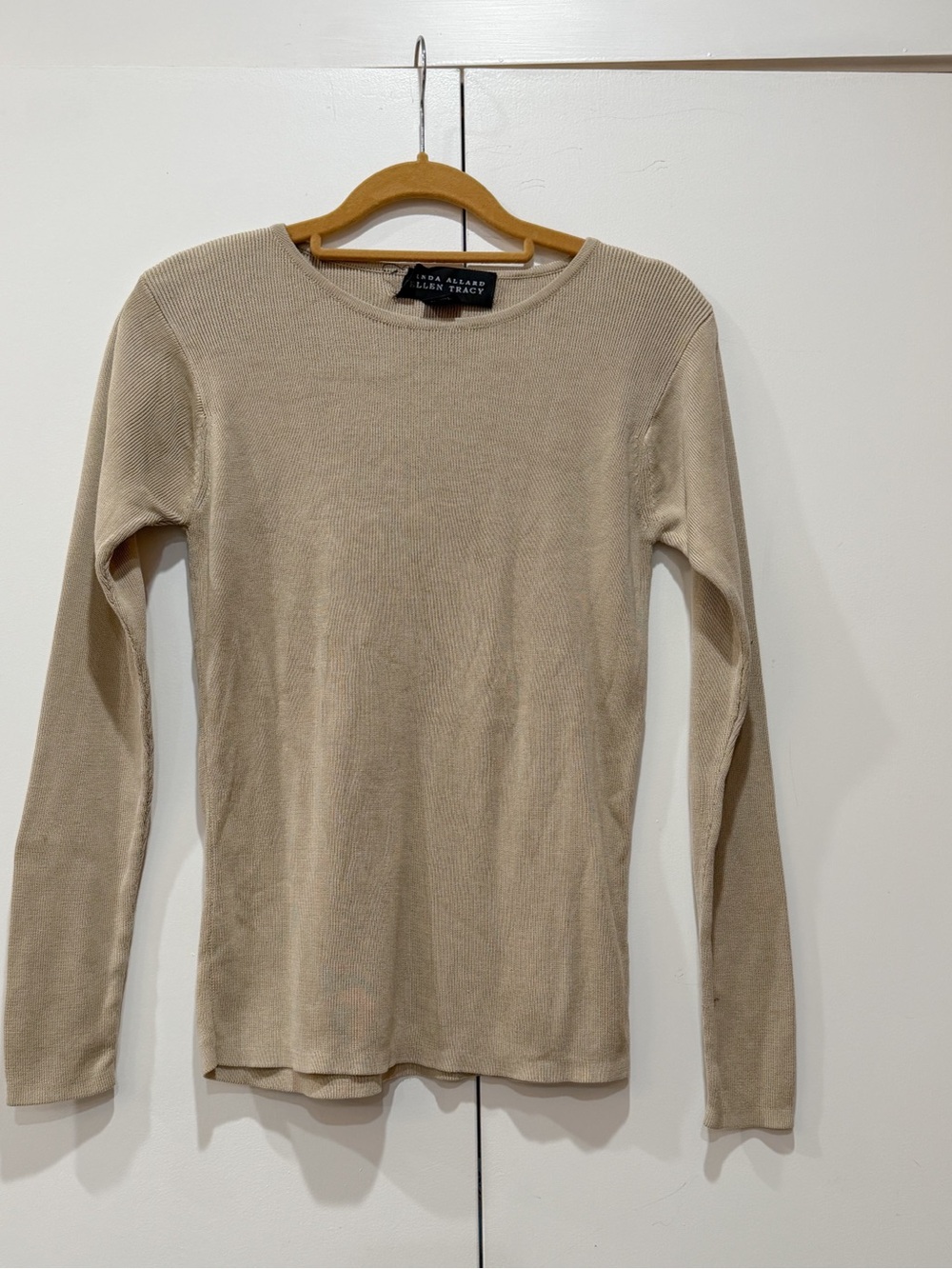 Linda Allard Ellen Tracy Silk Sweater Fine Rib Beige Minimalist Quiet Luxury L